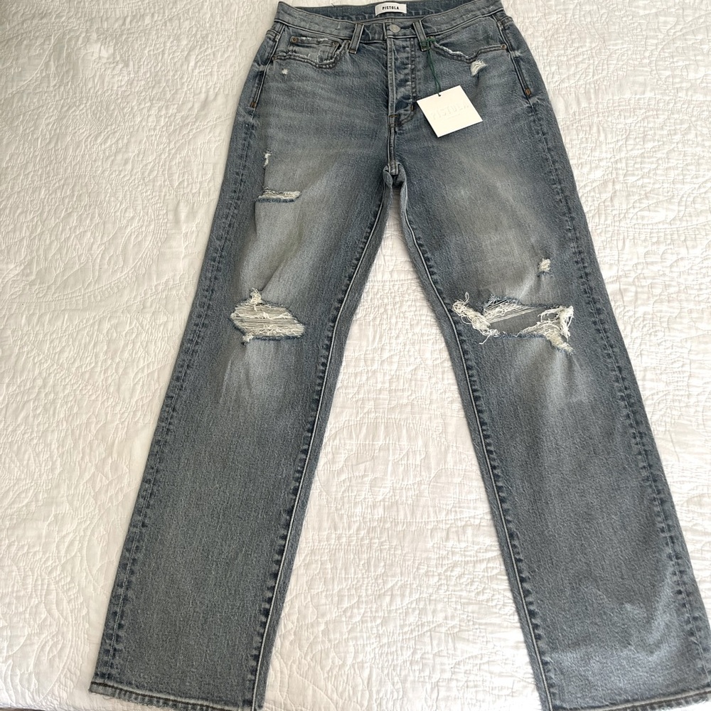 Pistola Women's Light Wash Distressed Straight Leg Denim Jeans Size 26 NWT